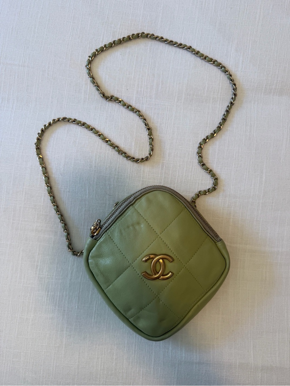 Chanel CC Quilted Lambskin Diamond Clutch with Chain light green